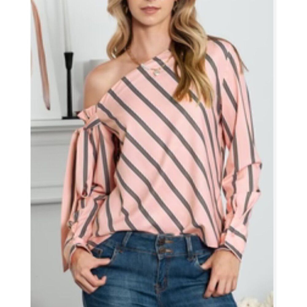 Ouslee Women Asymmetrical Strip One Shoulder Blouse Size L